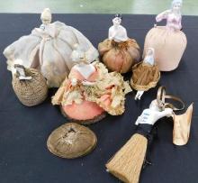 Box Lot with 7 Porcelain Half Dolls - 6 With Pin Cushion Bases - 1 Whisk Broom