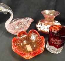 Box Lot with Vintage Blown Glass - 2 Murano - 1 Painted - 1 Ruby Flashed - 2" to 7" Tall