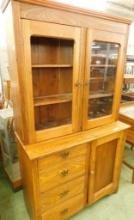 Chestnut 2 Piece Hutch - Glass In 1 Door Missing - 77" x 43" x 19"