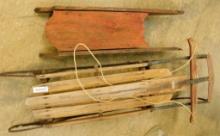 Pair of Vintage Snow Sleds - 1 All Wood3.5' x 36" x 10" - 1 Flexible Flyer 5.25" x 50" x 22"