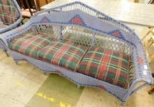 Old Wicker Coach with Plaid Cushions - 37" x 84" x 28"