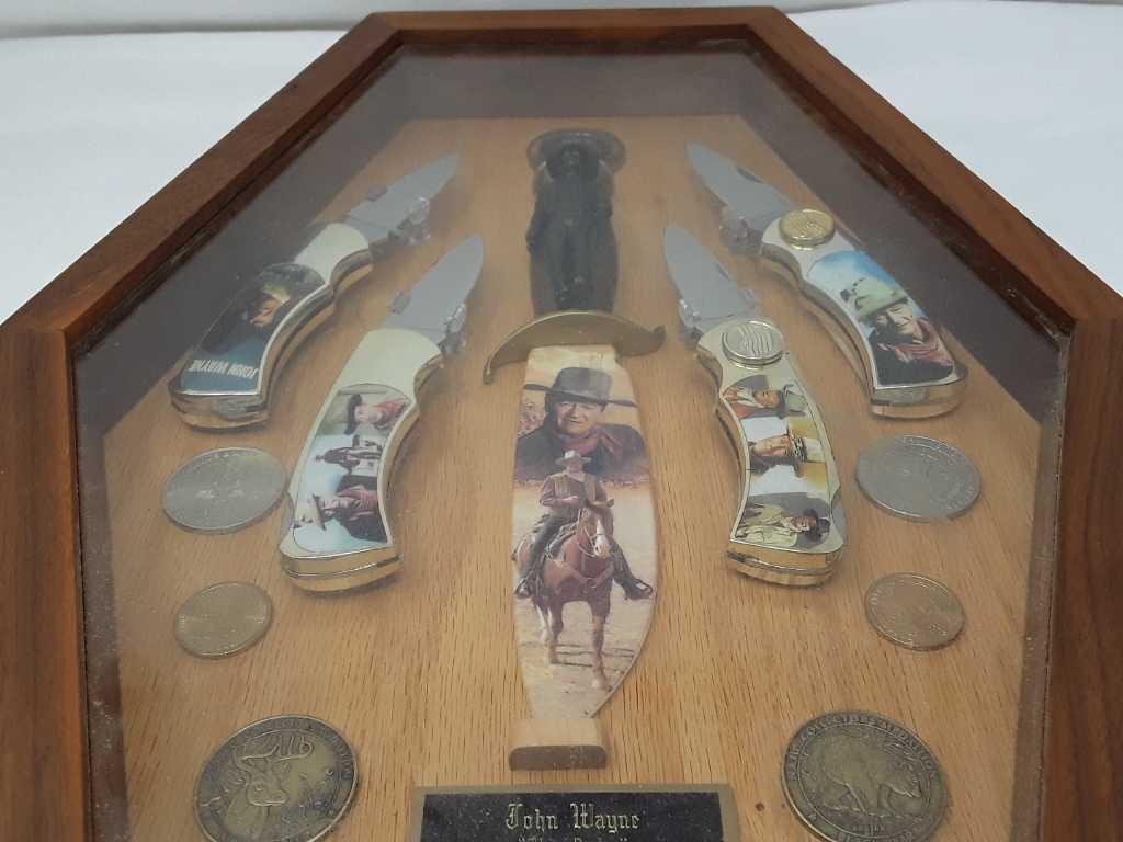 FRAMED COLLECTION OF JOHN WAYNE KNIVES & COINS