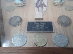 FRAMED COLLECTION OF JOHN WAYNE KNIVES & COINS