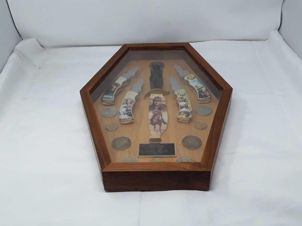FRAMED COLLECTION OF JOHN WAYNE KNIVES & COINS
