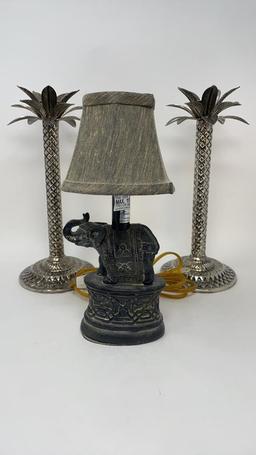 PALM TREE CANDLE STICKS, ELEPHANT LAMP & MORE