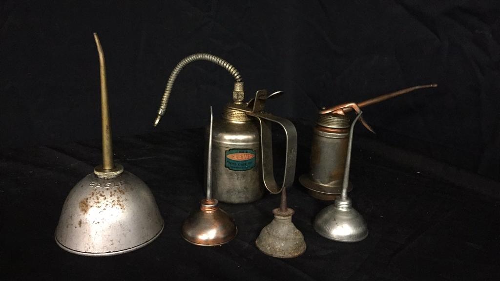 6) ANTIQUE OILER CANS: EAGLE, PEWS, & MORE