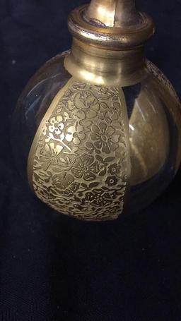 FLORAL GOLD-TONE POWDER DISH & PERFUME BOTTLES