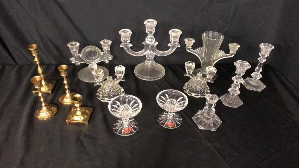 GORHAM CRYSTAL, GLASS & BRASS CANDLE STICKS