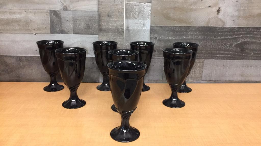 8) NORITAKE SWEET SWIRL BLACK GLASS GOBLET