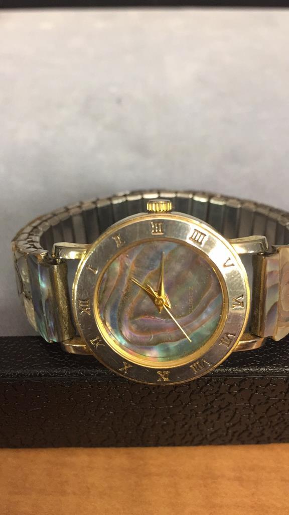 L BARON ABALONE SHELL & LADY ELGIN GOLD-TONE WATCH