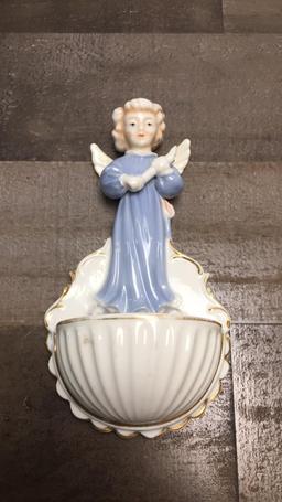 BLUE PORCELAIN ANGEL HOLY WATER FONT & WALL VASE