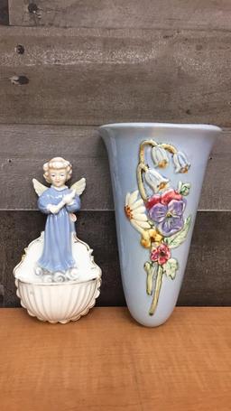 BLUE PORCELAIN ANGEL HOLY WATER FONT & WALL VASE