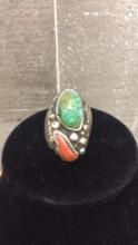 SILVER RING WITH TURQUOISE & RED CORAL STONES 35Gt