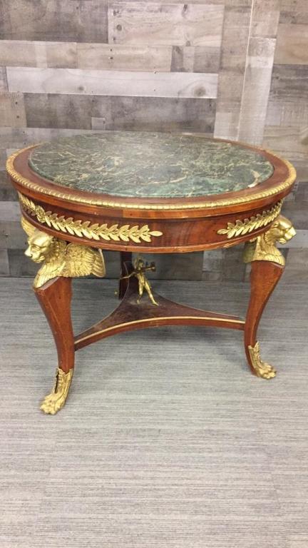 ANTIQUE MARBLE TOP, CLAW FOOT TABLE W WINGED LIONS