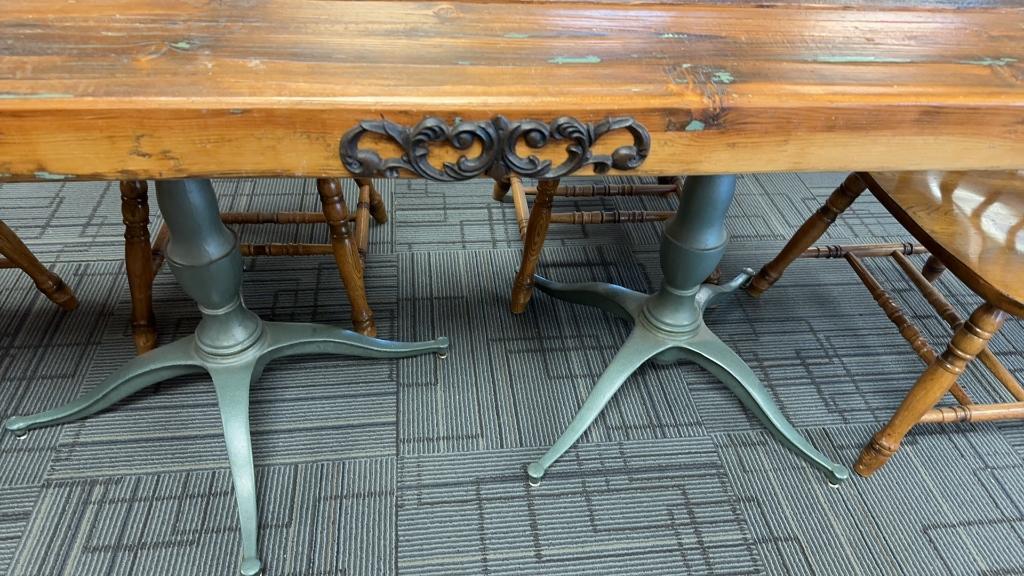 ANTIQUE OAK DOOR TABLE AND FARMHOUSE CHAIRS