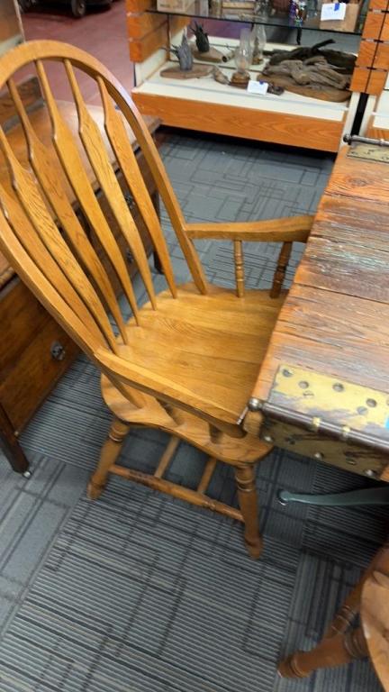 ANTIQUE OAK DOOR TABLE AND FARMHOUSE CHAIRS