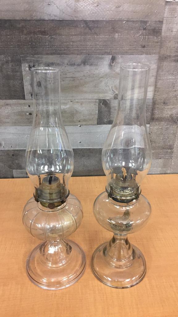 2) CLEAR GLASS OIL/KEROSENE LAMPS WITH CHIMNEYS