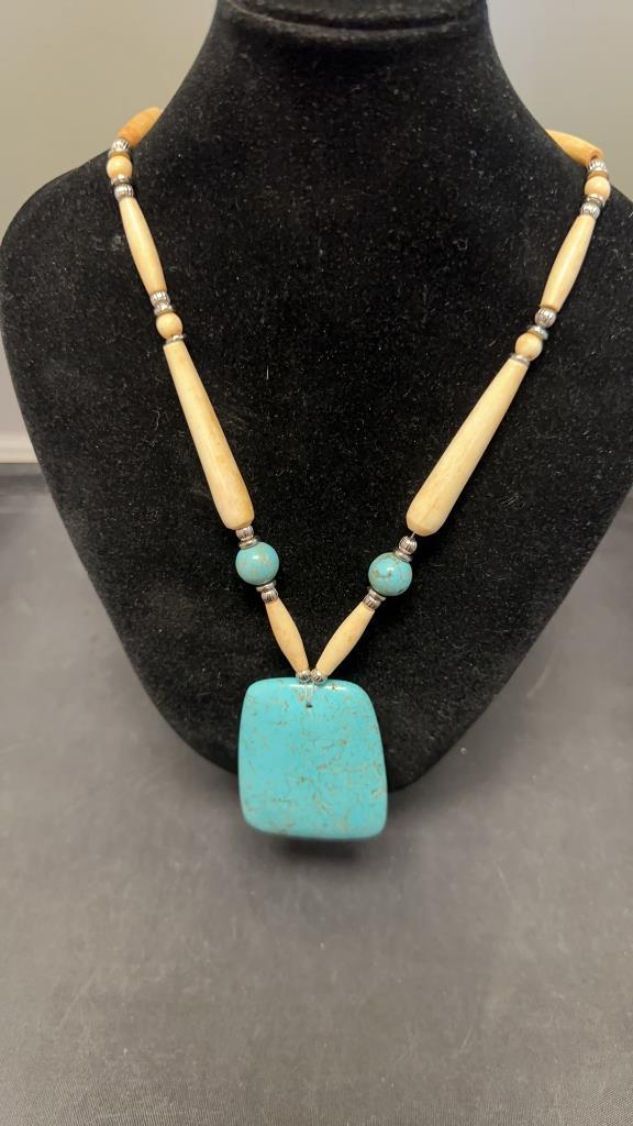 LARGE TURQUOISE & BONE NECKLACE.