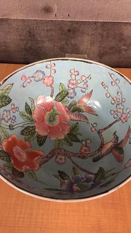 HAND PAINTED BLUE AND PINK CHINESE WEDDING BOWL