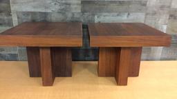 PAIR MILO BAUGHMAN STYLE WOOD CRUCIFORM END TABLES