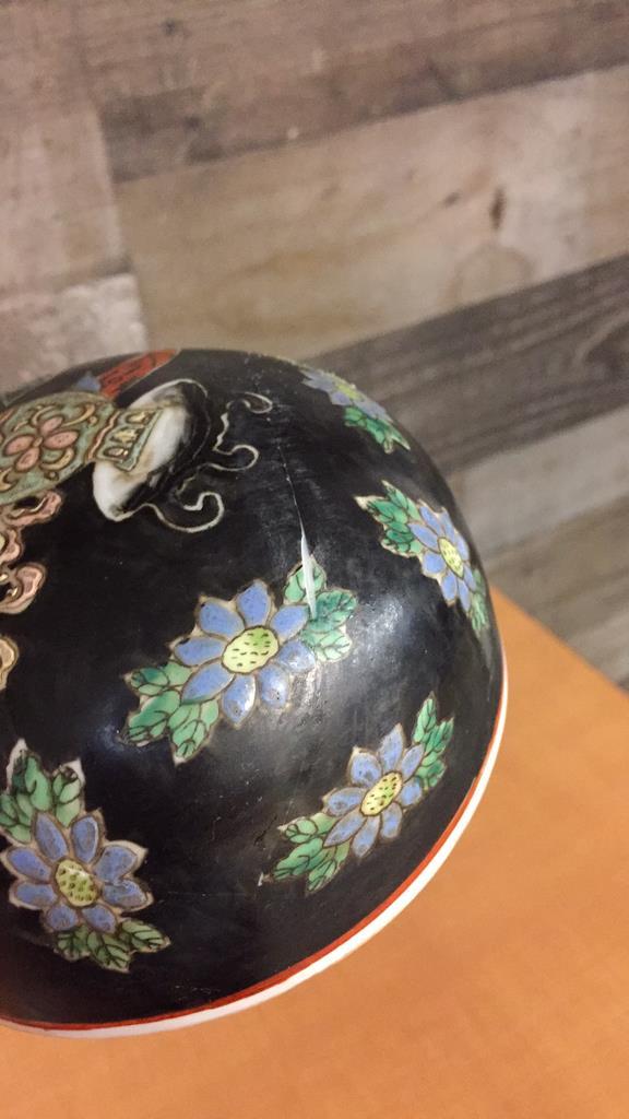 ANTIQUE CHINESE HANDPAINTED BLACK GINGER JAR