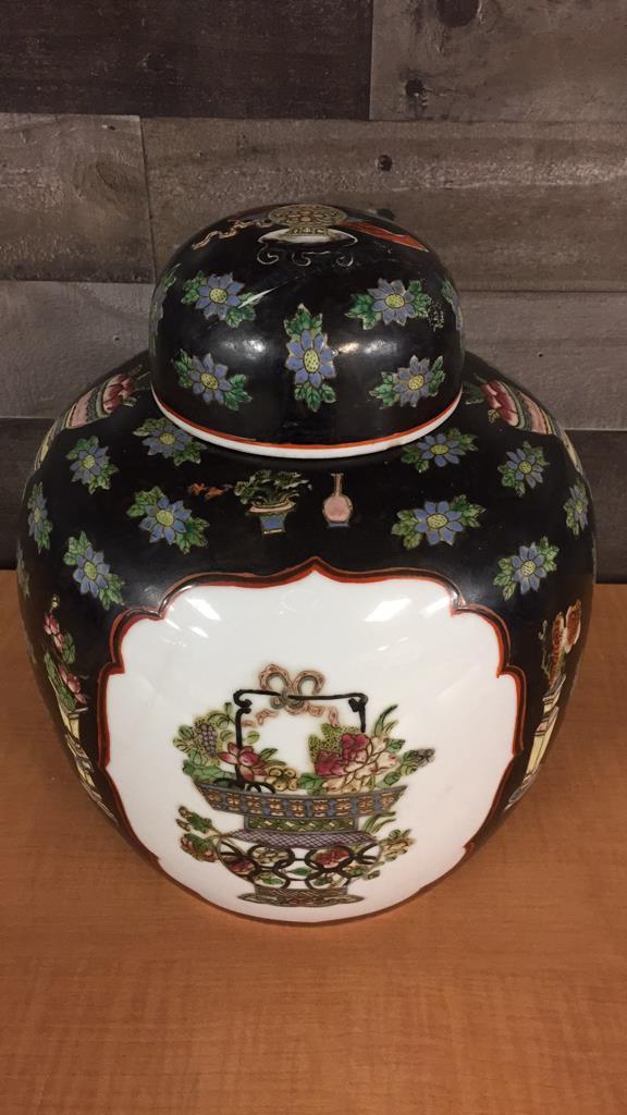 ANTIQUE CHINESE HANDPAINTED BLACK GINGER JAR