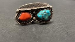 NATIVE AMERICAN TURQUOISE & RED CORAL RING. 17G