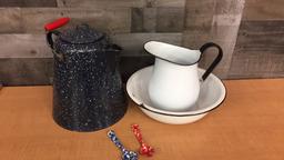 ENAMELWARE WASH BASIN & PITCHER, TEAPOT & UTENSILS