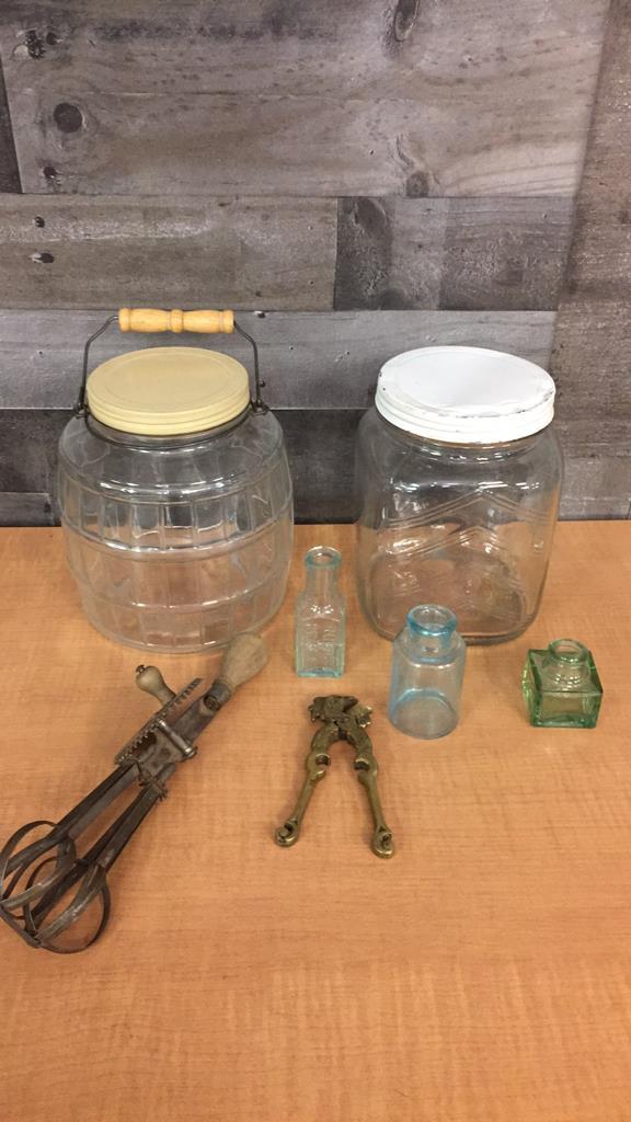 VTG GLASS FOOD JARS, EGG BEATER, INKWELL & MORE