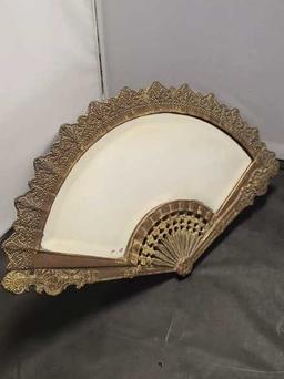 VINTAGE ART NOUVEAU BRASS VANITY FAN MIRROR