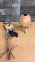 NATIVE AMERICAN GOURD RATTLE AND ART