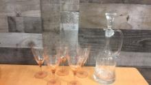 DEPRESSION GLASS ETCHED DECANTER & GLASSES SET