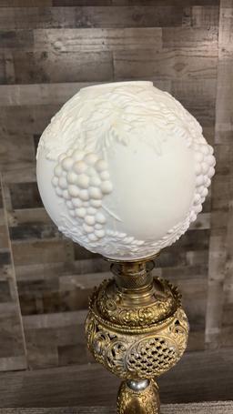 ANTIQUE B&H ELECTRIFIED BRASS OIL LAMP WITH SHADE