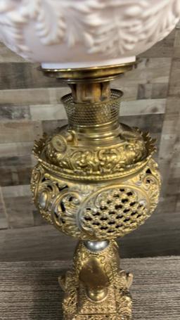 ANTIQUE B&H ELECTRIFIED BRASS OIL LAMP WITH SHADE