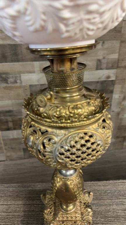 ANTIQUE B&H ELECTRIFIED BRASS OIL LAMP WITH SHADE