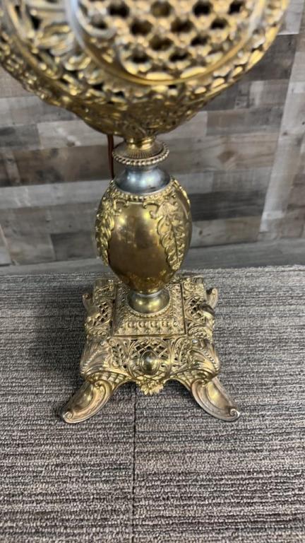 ANTIQUE B&H ELECTRIFIED BRASS OIL LAMP WITH SHADE