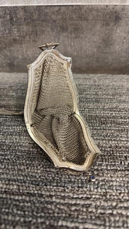 ANTIQUE WHITING & DAVIS CO MESH BAG & CINCH POUCH