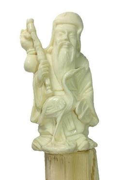 Figural Carved Tusk or Bone Asian Man with Bird Cane