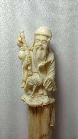 Figural Carved Tusk or Bone Asian Man with Bird Cane