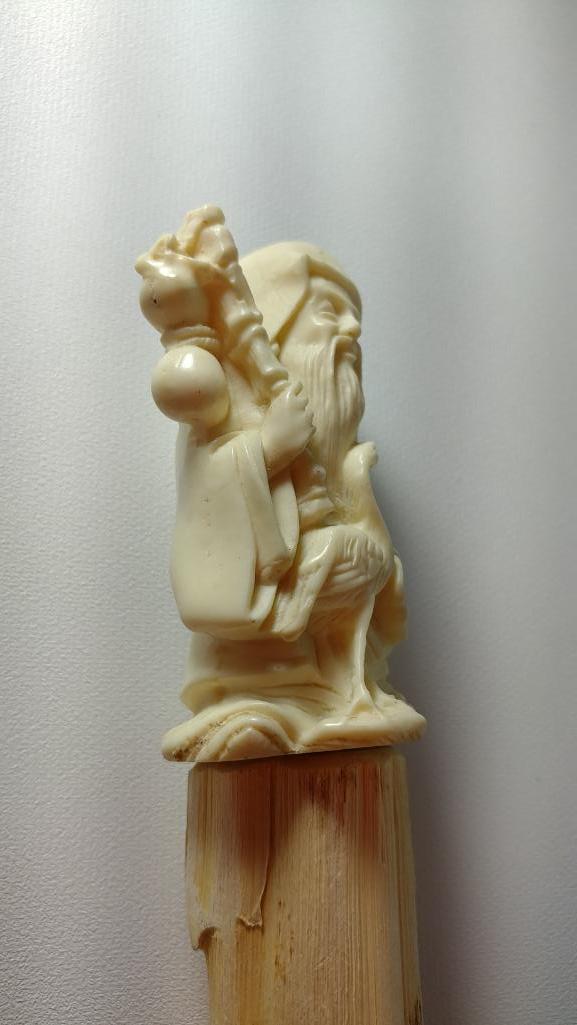 Figural Carved Tusk or Bone Asian Man with Bird Cane