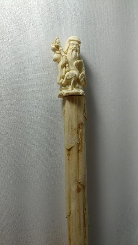 Figural Carved Tusk or Bone Asian Man with Bird Cane
