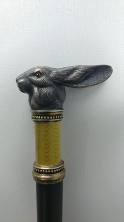 Splendid Figural Rabbt L-Shaped Cane with Mixed Metal Collar - Very Unusual and Nice Looking Cane