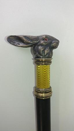 Splendid Figural Rabbt L-Shaped Cane with Mixed Metal Collar - Very Unusual and Nice Looking Cane