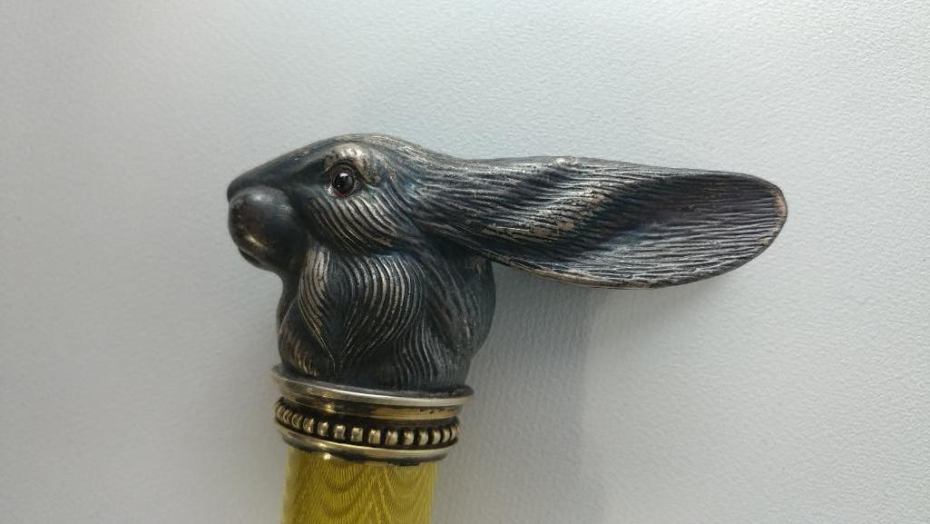Splendid Figural Rabbt L-Shaped Cane with Mixed Metal Collar - Very Unusual and Nice Looking Cane