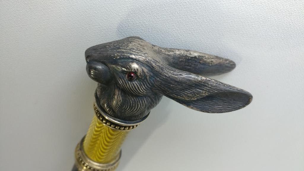 Splendid Figural Rabbt L-Shaped Cane with Mixed Metal Collar - Very Unusual and Nice Looking Cane
