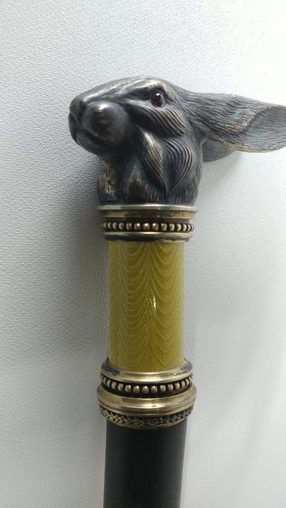 Splendid Figural Rabbt L-Shaped Cane with Mixed Metal Collar - Very Unusual and Nice Looking Cane