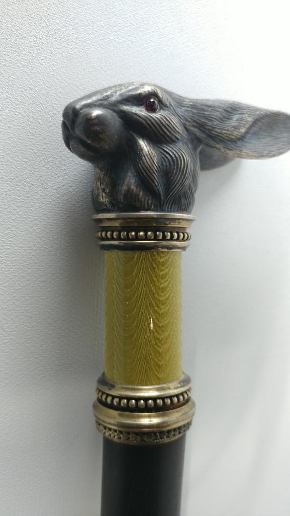 Splendid Figural Rabbt L-Shaped Cane with Mixed Metal Collar - Very Unusual and Nice Looking Cane