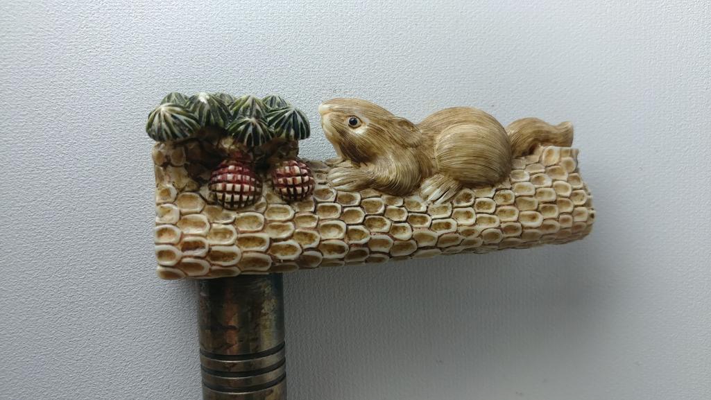 Neat Squirrel and Acorn L-Shaped Cane with Silver Collar