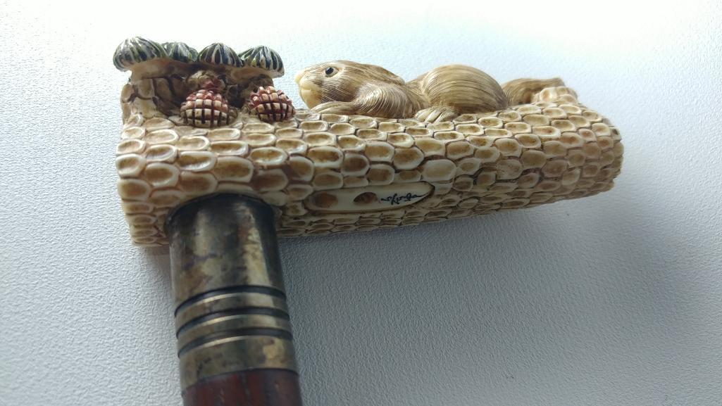 Neat Squirrel and Acorn L-Shaped Cane with Silver Collar