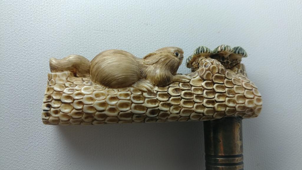 Neat Squirrel and Acorn L-Shaped Cane with Silver Collar
